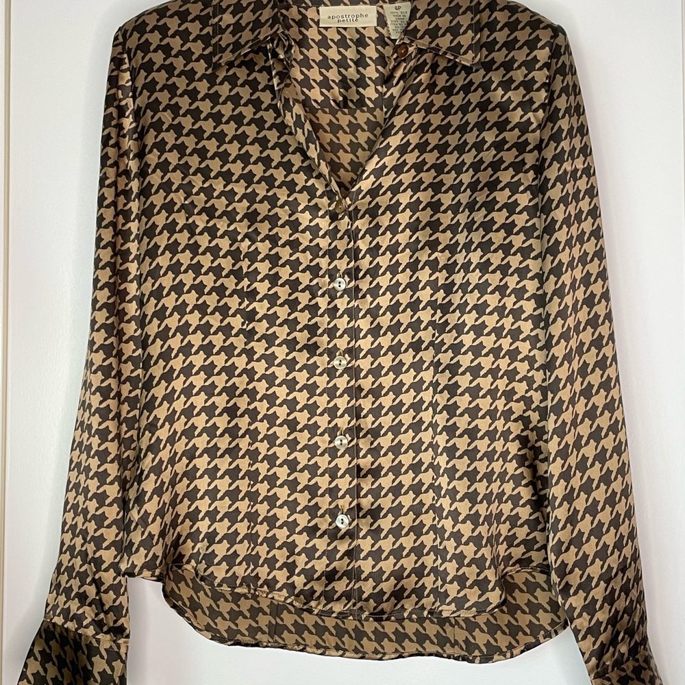 Vintage brown houndstooth print silk top